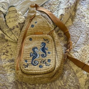 Vera Bradley Tan Straw Backpack with Blue Seahorse Embroidery